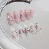 Shopmocho 24pcs Sweet False Nail Patches Detachable Fake Nail Tips With Bowknots Love Heart Pearl Design Pink Almond Korean Press On Nail