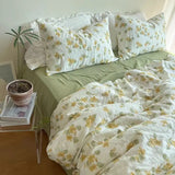 SHOPMOCHO Fashion Floral Duvet Cover Set with Flat Sheet Pillowcase No Filler Girls Twin Full Queen Size Korean Soft Bedding Set