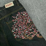 SHOPMOCHO Y2K 2000s Cherry Blossom Pocket Embroidery Fashion Hip Hop Loose Men And Women Clothing Retro Casual Wide Leg Streetwear