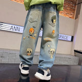 SHOPMOCHO Boys' denim trousers, suitable for spring and autumn, children's pants with cartoon prints, casual style for outdoor street wear