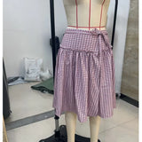 Shopmocho Women's Summer Vintage 2000s Aesthetic Plaid Skirts Casual Tie-Up Low Waist Tiered Ruffles Hem A-Line Midi Skirts Streetwear