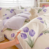 Shopmocho Tulip Flower Duvet Cover Set Single Queen Size Botanical Floral Bedding Set Soft Reversible Comforter Cover with 2 Pillowcases