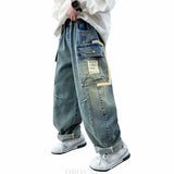 SHOPMOCHO New Design Children Relaxed Fit Straight Leg Cargo Jeans for Teenage Boys Loose Denim Pants with Pocket Kids Casual Trousers