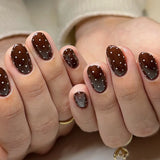 SHOPMOCHO Fashion Dark Brown White Polka Dot Wearable Nail Art Fall Winter Chic Fake Nails Detachable Finished False Nails Press on Nails