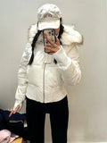 SHOPMOCHO American Retro Pink Fur Collar Hooded Short Cotton Coat Fashion High Street Fur Collar Hooded Cotton Coat Winter Jacket Women