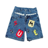 SHOPMOCHO American style hip-hop letter splicing denim shorts millennium retro personality fashion fake two-piece gothic rock