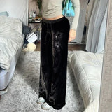 SHOPMOCHORhinestones Star Velvet Flared Pants Y2K Aesthetic High Waist Baggy Sweatpants Jogging Casual Basic Boot Cut Trousers
