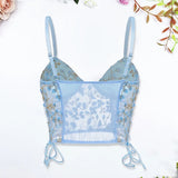 Shopmocho Women Blue Camisole Vest Bra Embroidery Flower Corsets Slim Fit Versatile Lady Corset Top Sexy Lace Rayon Ultra-Thin Thick Bra