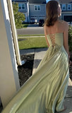 Shopmocho Satin Prom Dresses Pockets Draped Neck Long Formal Evening Gown Spaghetti Strap A line Bridesmaid Dress Lace Up Back with Slit