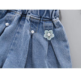 SHOPMOCHO Summer Girls Denim Shorts Korean Fashion New Children's Pleated Jeans 4-12Years Teens Girls Short Jeans Pearl Decoration