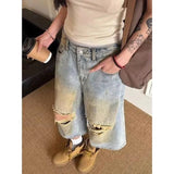 SHOPMOCHO ZHIZOU Summer Women American Retro Jorts Blue Jean Shorts Y2K Harajuku 2000s Washed Ripped Denim Calf-Length Pants High Street
