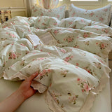 SHOPMOCHO Washed Cotton Duvet Cover Sets Single/Queen/king Flower Printed Bedding Set Princess Style e housse de couette 220x240 with Lace
