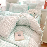 Shopmocho Korean Style Princess Bedding Set Luxury Pink Lattice Duvet Cover Ruffles Lace Bedspread Bed Sheet Pillowcases
