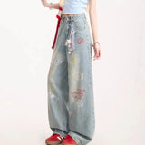 SHOPMOCHO Jeans for Woman Y2k Pants Retro Washed Denim Straight Leg Wide Leg Trousers Cartoon Embroidery Design Comfortable Daily Wear