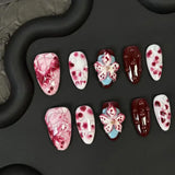 Shopmocho 10Pcs Red Handmade Nails 3D Carved White Flower Fake Nails Mid-Length Almond Shape Press on Nails Spotting Design Manicure Arts