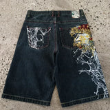 SHOPMOCHO American Washed Ecko Denim Shorts Mens Hip-hop Rock Street Fashion Pattern Straight Pants Harajuku Trend Wide Pants