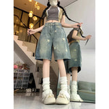 SHOPMOCHO Casual Floral Print Loose Wide Leg Womens Jeans New American Retro Star Design Straight Leg Comfort Stretch Soft Denim Shorts