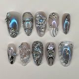 SHOPMOCHO Red Y2K Wearable Nail Art Chic Silver Butterfly Love Metal Bead Almond False Nails Detachable Finished Fake Nails Press on Nails