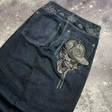 SHOPMOCHO Street Fashion Trend Skull Embroidered Jeans Women Harajuku Y2K New Hip Hop Joker Straight Wide-leg Pants Couple Casual Jeans
