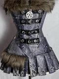 SHOPMOCHO Summer Gothic Retro Fur Trim Corset Design Woman Suit Y2k Slim Lolita Elegant 2 Piece Sets Female Korea Style Sexy Chic Outfits