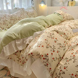 Shopmocho 1.5/1.8 Korean Style 100% Cotton Fitted Sheet Sets with Lace Flower Print Bedding Set for Seasons Home Bedclothes for Adult Kids