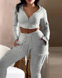 SHOPMOCHO Zipper Design with Exposed Navel Hooded Sweatshirt and Drawstring V-Shaped Waistline Work Pants, Sports Pants Long Pants Set