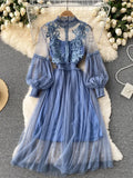 Shopmocho Ladies Dress Three-dimensional Flower Hook Mesh Temperament Stand Collar Lantern Sleeve High Waist Slim Female Dresses