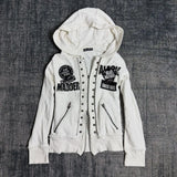 SHOPMOCHO Retro Dark Style Zipper Hoodie Y2K Clothes Mens Womens Hip Hop Skull Patch Embroidery White Oversized Sweatshirt Casual Jacket