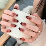 SHOPMOCHO 24Pcs Cat’s Eye Leopard Print Press on Fake Nails Mid-length Ballet False Nails with Rhinestone Detachable Full Cover Nail Tip