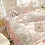 Shopmocho Korean Style Princess Bedding Set Luxury Pink Lattice Duvet Cover Ruffles Lace Bedspread Bed Sheet Pillowcases