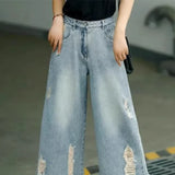 Shopmocho Retro Faded Hole Denim Jeans Women Summer Thin High Waist Loose Wide Leg Pants Small Size Seven Casual Pants