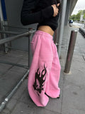 SHOPMOCHO2025 New Autumn American Design Flame Print Drawstring Wide-leg Casual Sweatpants for Men and Women Loose Pink Fashion Trousers