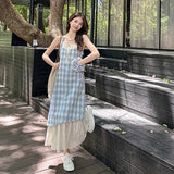 Shopmocho Women Plaid Fake Two Piece Suspender Dress Women Summer Retro Loose Long Dress