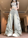 SHOPMOCHO Women's Blue Multi Pocket Cowboy Pants Cargo Y2K Japanese Harajuku Streetwear Aesthetics Retro 90S Jeans Pants Clothing 2025 New