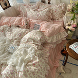 SHOPMOCHO 3/4Pcs Korean Princess Style Floral Ruffles Bedding Set Skin-friendly Soft Duvet Cover Set Bed Sheet Or Bed Skirt Pillowcases