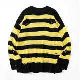 SHOPMOCHO Black Stripe Sweaters Destroyed Ripped Sweater Men Pullover Hole Knit Jumpers Men Oversized Sweatshirt Harajuku Long Sleeve Tops