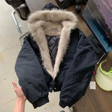 SHOPMOCHOWinter New Elegant Liner Fur Loose Coat Women Y2k Fur Collar Hood Thick Fashion Parkas Casual Outerwear Cotton Padded Jackets