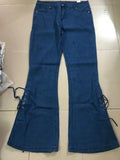 Shopmocho Full Length Flare Pants Women Jean Washed Denim Pants Zipper Fly Loose Fit Pockets High Waist Basics Lace Up Vintage Solid
