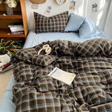 SHOPMOCHO Bedding Set Ins Ambiance Blue Coffee Grid Mixed With Washed Cotton Minimalist Four Piece Set Fitted Sheets Duvet Cover