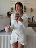 Shopmocho Weird Puss Chic Knot Dress Women V-Neck Long Sleeve Ruched Ruffled Hem Skinny Solid Elegant Birthday Simple Classic Mini Bodycon