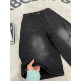 SHOPMOCHO Mens Shorts Denim Shorts American High Street Loose Straight Leg Distressed Seven Tenths Casual Summer Wear