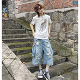 SHOPMOCHO American New Fashion Heavy Industry Deconstruction Hole Wash Jeans Cropped Pants Men Women Y2K Gothic Multi-pocket Overalls