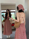 SHOPMOCHO-Red Plaid Off-Shoulder Summer Dress Women's Slim Fit Waist-Cinching Long Skirt V-neck Midi Dress Polyester Fiber Sleeveless