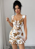 SHOPMOCHO Boho Style Women's Multicolor Mini Cami Dress With Shirred Details And Plants Pattern Sleeveless Flounce Hem