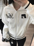 SHOPMOCHO Japanese Subculture Anime Geometric Embroidery Short Jacket Aesthetic Women's Stand Collar Zipper Contrasting Slim Casual Jacket
