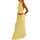 SHOPMOCHO-Women Boho Sexy Backless Matching Suit 2 Piece Beach Holiday Outfits Vintage Ruched Halter Cami Tops + Maxi Long Skirt Party