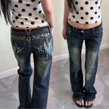 SHOPMOCHO Harajuku Streetwear Women Low Waist Flare Denim Jeans Y2K Vintage Washed Distressed Butterfly Embroidery Rivet Zipper Trousers