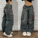 SHOPMOCHO Street Fashion New Old Washed Heavy Work Jeans Women Y2K Gothic Harajuku Hip Hop Popular Joker Couple High Waist Wide Leg Pants