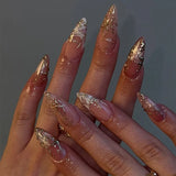 SHOPMOCHO 24pcs Golden Lines Patterns False Nails Dark Purple Blush French Fake Nails for Spice Girls Sweet Cool Almond Ins Nails Press On