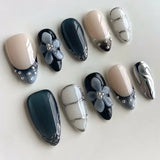 SHOPMOCHO 24Pcs Black Y2k Long False Nails with Almond Head Design Cat's Eye Silver Stripe Pattern Press on Fake Nails Wearable Nail Tips